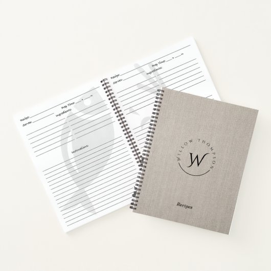 Monogrammed Rustic Beige Linen Script Recipe Notitieboek (Binnen)