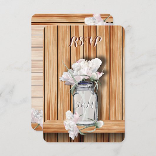Monogrammed Rustic Mason Jar en Pink Peonies RSVP Kaartje (Voorkant / Achterkant)