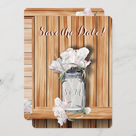 Monogrammed Rustic Mason Jar en Pink Peonies Save The Date (Voorkant / Achterkant)