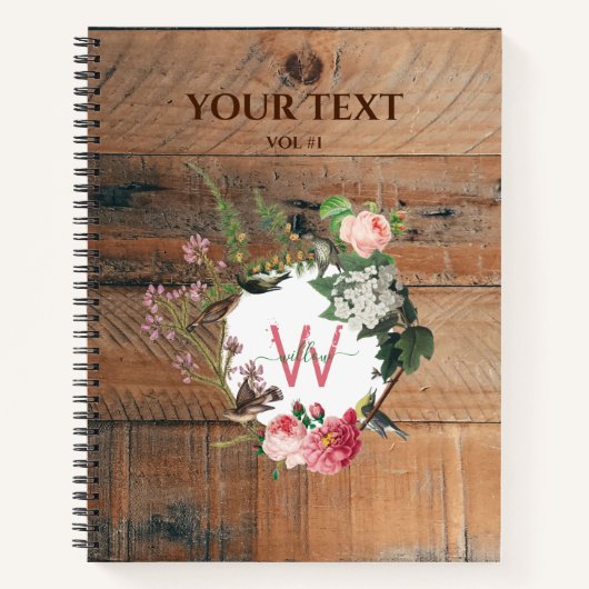 Monogrammed Rustic Wood Vintage Flowers Notitieboek (Voorkant)