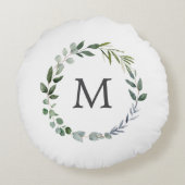 Monogrammed Sage Green Leaves Greenery Krans Rond Kussen (Achterkant)