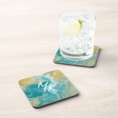 Monogrammed Sandy Brown Ocean Blue Fluid Art Bier Onderzetter (Rechterzijde)