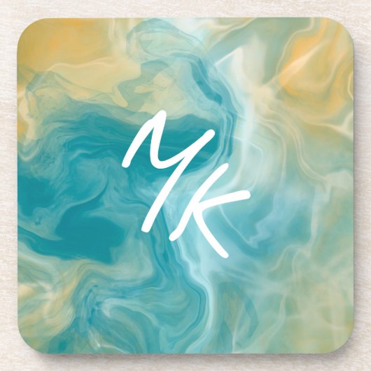 Monogrammed Sandy Brown Ocean Blue Fluid Art Bier Onderzetter (Voorkant)