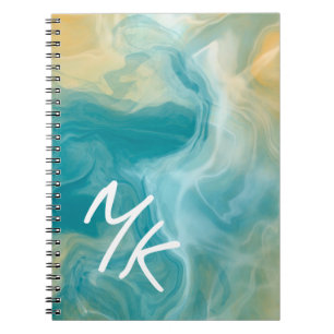 Monogrammed Sandy Brown Ocean Blue Fluid Art Notitieboek