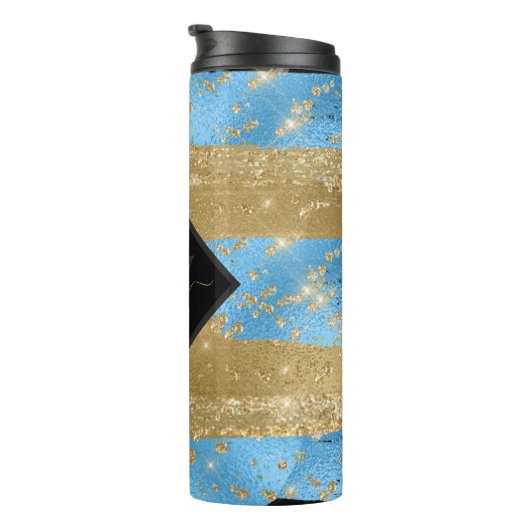 Monogrammed Script Blauw Goud Thermosbeker (Geroteerd rechts)