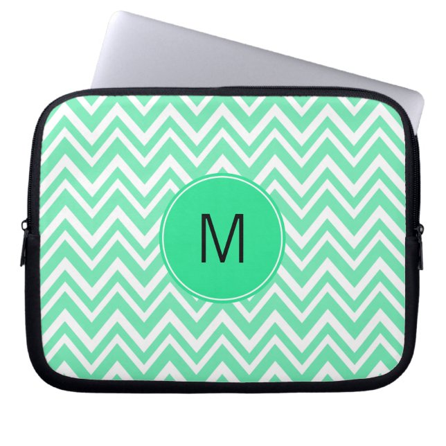 Monogrammed Seafoam Mint Green Ziggag Pattern Laptop Sleeve (Voorkant)