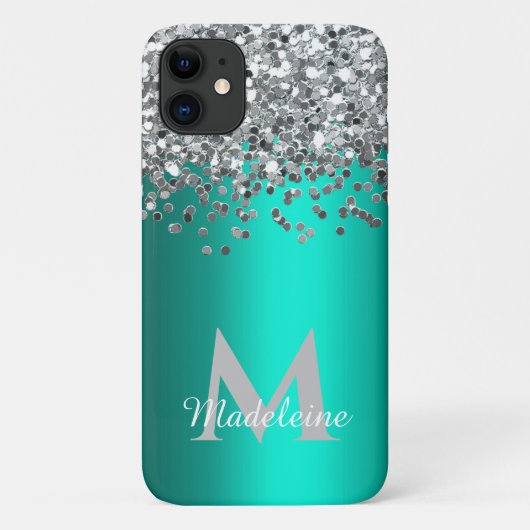Monogrammed Silver Glitter en Blauwgroen Case-Mate iPhone Case (Achterkant)