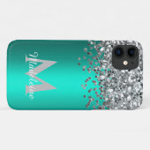 Monogrammed Silver Glitter en Blauwgroen Case-Mate iPhone Case (Achterkant (horizontaal))