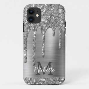 Monogrammed Silver Grey Glitter Drift Gold Metal iPhone 11 Hoesje