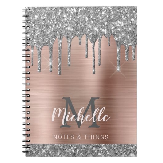 Monogrammed Silver Grey Glitter druppelt roze meta Notitieboek (Voorkant)