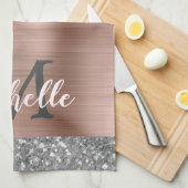 Monogrammed Silver Grey Glitter druppelt roze meta Theedoek (Quarter Fold)