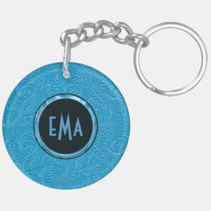 Monogrammed Sky Blue Embossed Floral Pattern Sleutelhanger