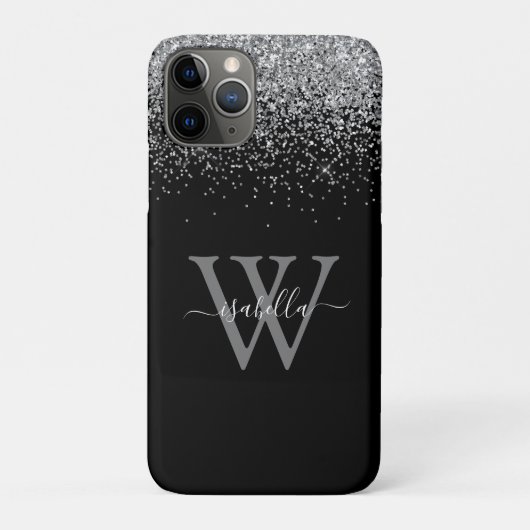 Monogrammed Sliver Black Glitter Elegant Script Case-Mate iPhone Case (Achterkant)