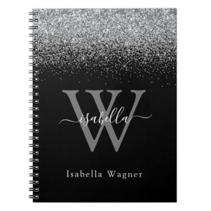 Monogrammed Sliver Black Glitter Elegant Script Notitieboek