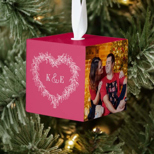 Monogrammed stellen rode mistletoe hartfoto kubus ornament (Boom)