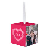 Monogrammed stellen rode mistletoe hartfoto kubus ornament (Achter hoekig)