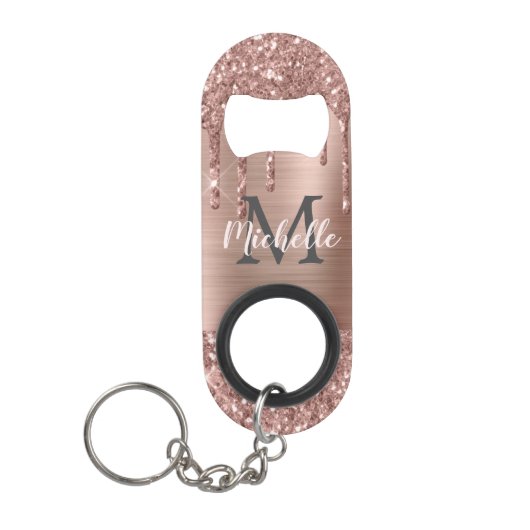 Monogrammed Stijlvolle Roos Gouden Glitter Druppel Mini Flessenopener (Voorkant)