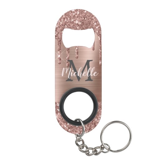 Monogrammed Stijlvolle Roos Gouden Glitter Druppel Mini Flessenopener (Achterkant)