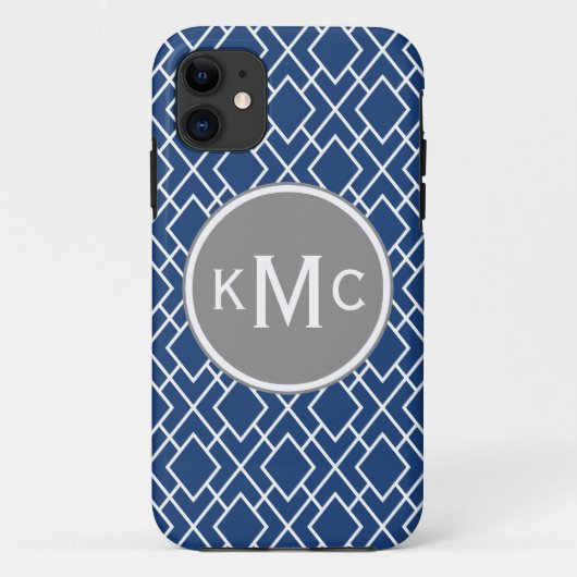 Monogrammed Stylish Navy Blue Diamond Pattern Case-Mate iPhone Case (Achterkant)