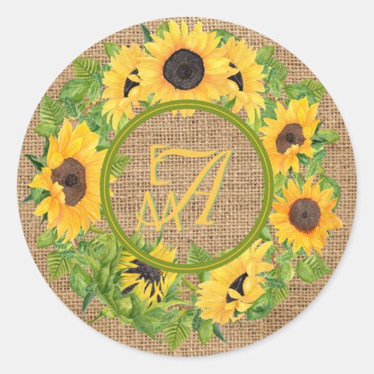Monogrammed Sunflower Pattern Decorative Ronde Sticker (Voorkant)