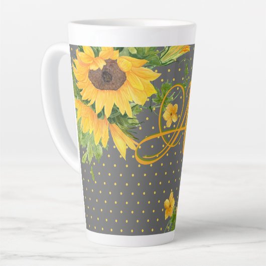 Monogrammed Sunflower Yellow Grey Decor Latte Mok (Linkerhoek)