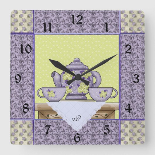 Monogrammed Teapot Quilt Patch Wall Clock Vierkante Klok (Voorkant)
