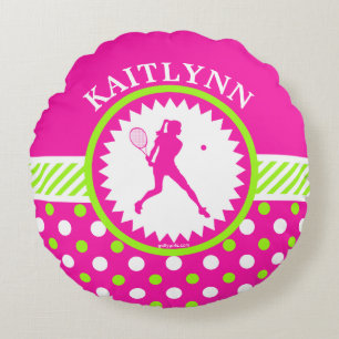 Monogrammed Tennis Pink - Groene Polka-Stippen Rond Kussen
