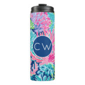 Monogrammed Tropical Ocean Pattern Roze Blauw Thermosbeker (Voorkant)