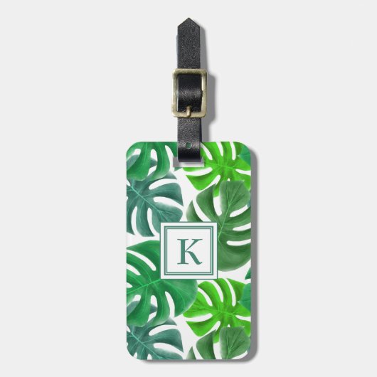 Monogrammed Tropical Palm Leaves Pattern Bagagelabel (Voorkant verticaal)