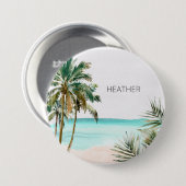 Monogrammed tropische palmboom Blauw strand Ronde Button 7,6 Cm (Voorkant /achterkant)