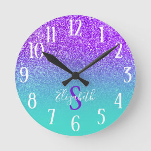 Monogrammed Turquoise en Violet Glitter Ombre Ronde Klok