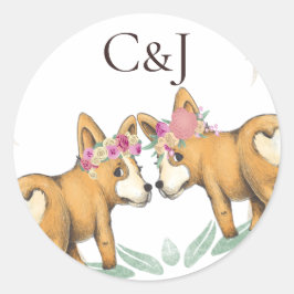 Monogrammed Twee Bruiden Corgi Honden Bruiloft Ronde Sticker