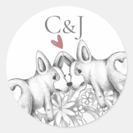 Monogrammed Twee Corgi Honden Bruiloft Ronde Sticker