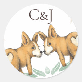 Monogrammed Two Grooms Corgi Dogs Wedding Ronde Sticker