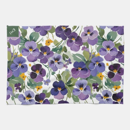 Monogrammed Violet Flowers Bloemen Plantaardig Theedoek (Horizontaal)