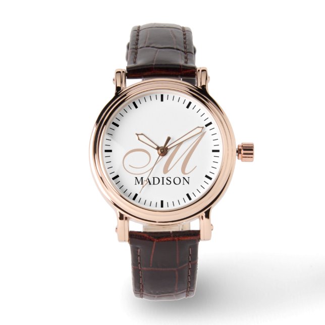 Monogrammed Vrouwen Roos Goud  Horloge Bruin (Voorkant)
