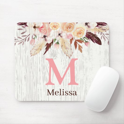 Monogrammed Waterverf Bloemen op Rustiek Wit Hout Muismat (Met muis)