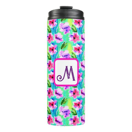 Monogrammed Waterverf Flowers Thermosbeker (Voorkant)