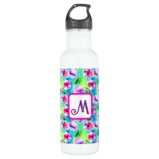 Monogrammed Waterverf Flowers Waterfles (Voorkant)