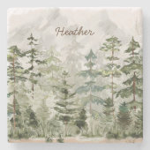 Monogrammed Waterverf Green Pine Forest Mountain Stenen Onderzetter (Voorkant)