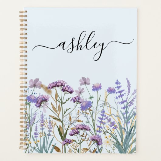 Monogrammed Waterverf Paarse Wildflower Meadow Planner (Voorkant)