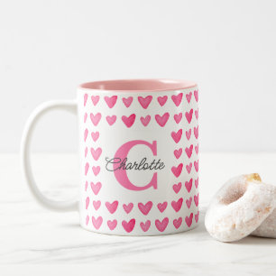 Monogrammed Waterverf Roze Harten Tweekleurige Koffiemok