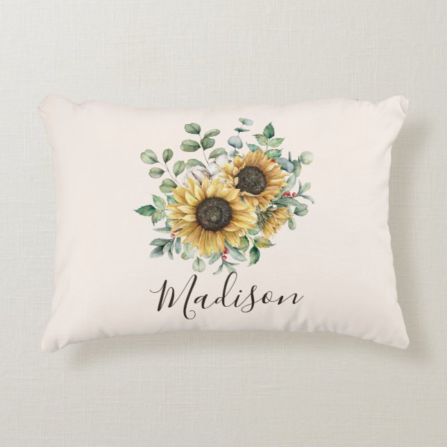 Monogrammed Waterverf  rustieke zonnebloem Accent Kussen (Voorkant)