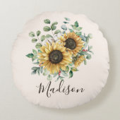 Monogrammed Waterverf rustieke zonnebloem Rond Kussen (Voorkant)