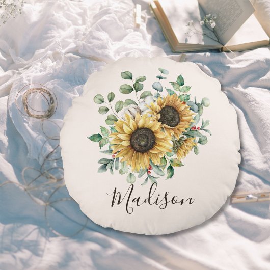 Monogrammed Waterverf rustieke zonnebloem Rond Kussen