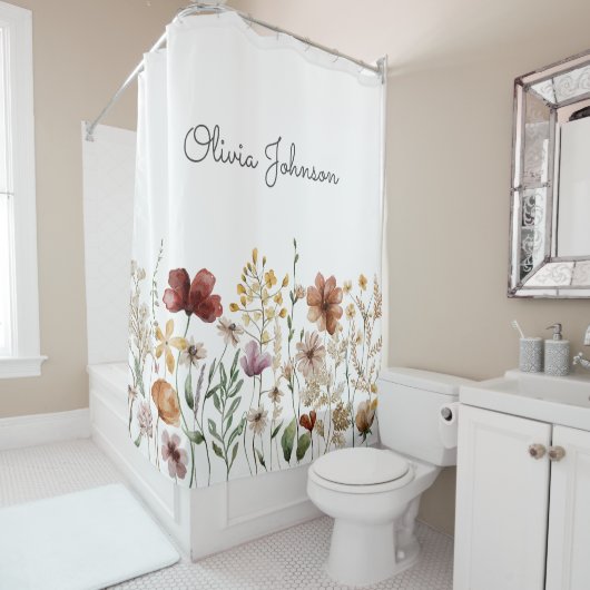 Monogrammed Waterverf Wildflower Bloemen Douchegordijn (In situ)