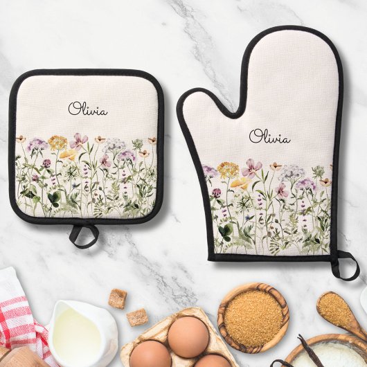 Monogrammed Waterverf Wildflower Garden Ovenwant & Pannenlap Set