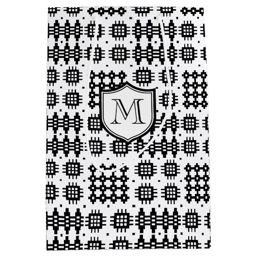 Monogrammed Welsh Tapestry Patroon Zwart op Wit Medium Cadeauzakje (Voorkant)