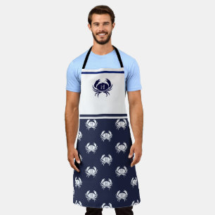 Monogrammed White Navy Blue Crab Nautical Schort