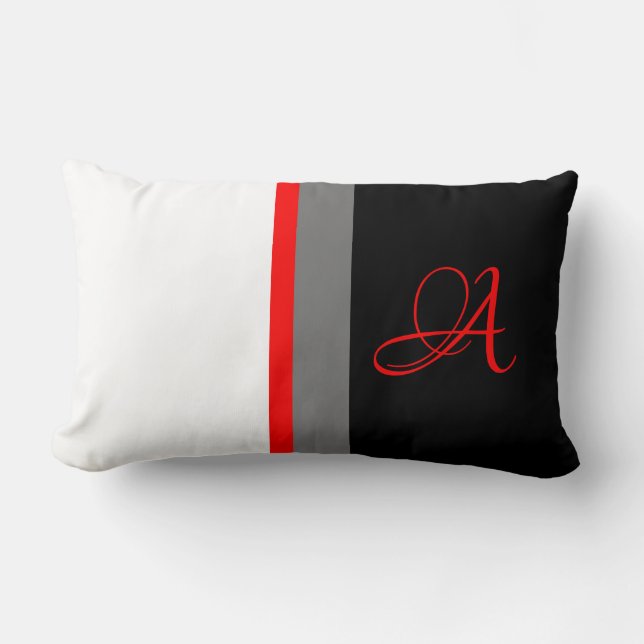 Monogrammed White Red Grey, Black Striped Kussen (Voorkant)